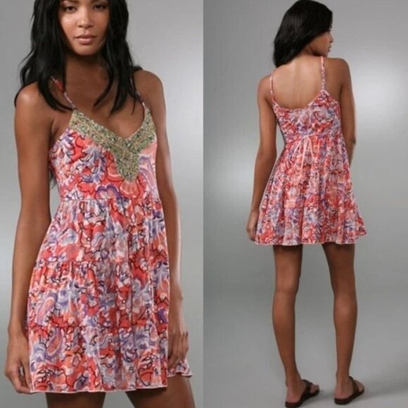 Free People Dress Women Small Red Boho Floral Beaded Jewel Tiered Coastal Resort - Picture 1 of 16